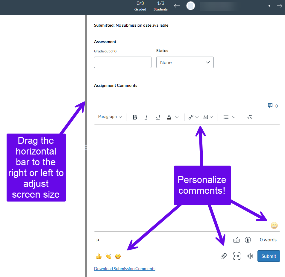 SpeedGrader open with different commenting features selected and the split screen bar annotated for size adjustment