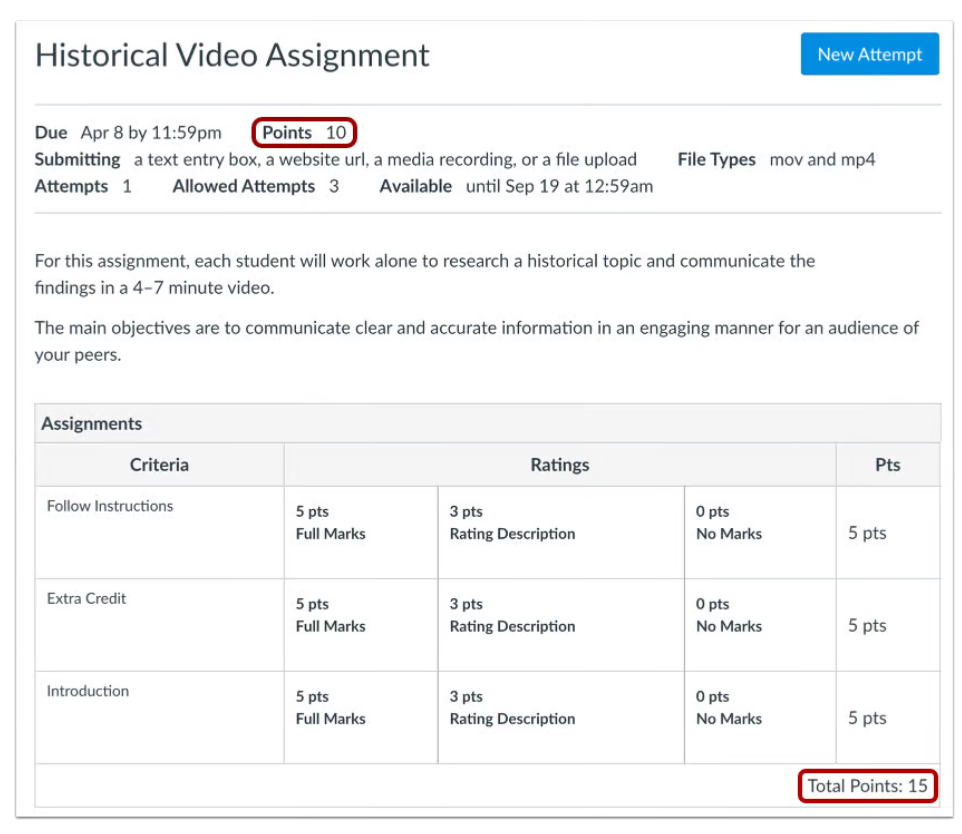 An assignment rubric open. Long description provided below as an example