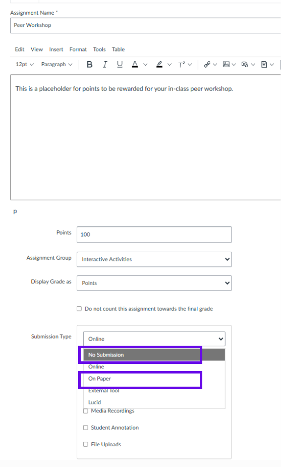 Assignment creation page is open with the submission type menu open to highlight no submission or on paper options.