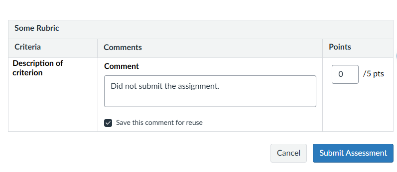 Free form comment rubric with a comment for criterion and the box checked for save this comment for reuse