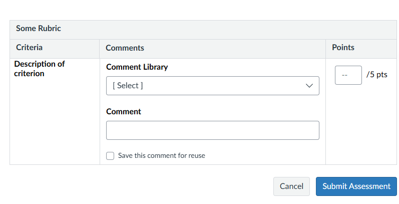 Same free form rubric open showing how there is now an option to select feedback from a comment library after the box was checked in image above.
