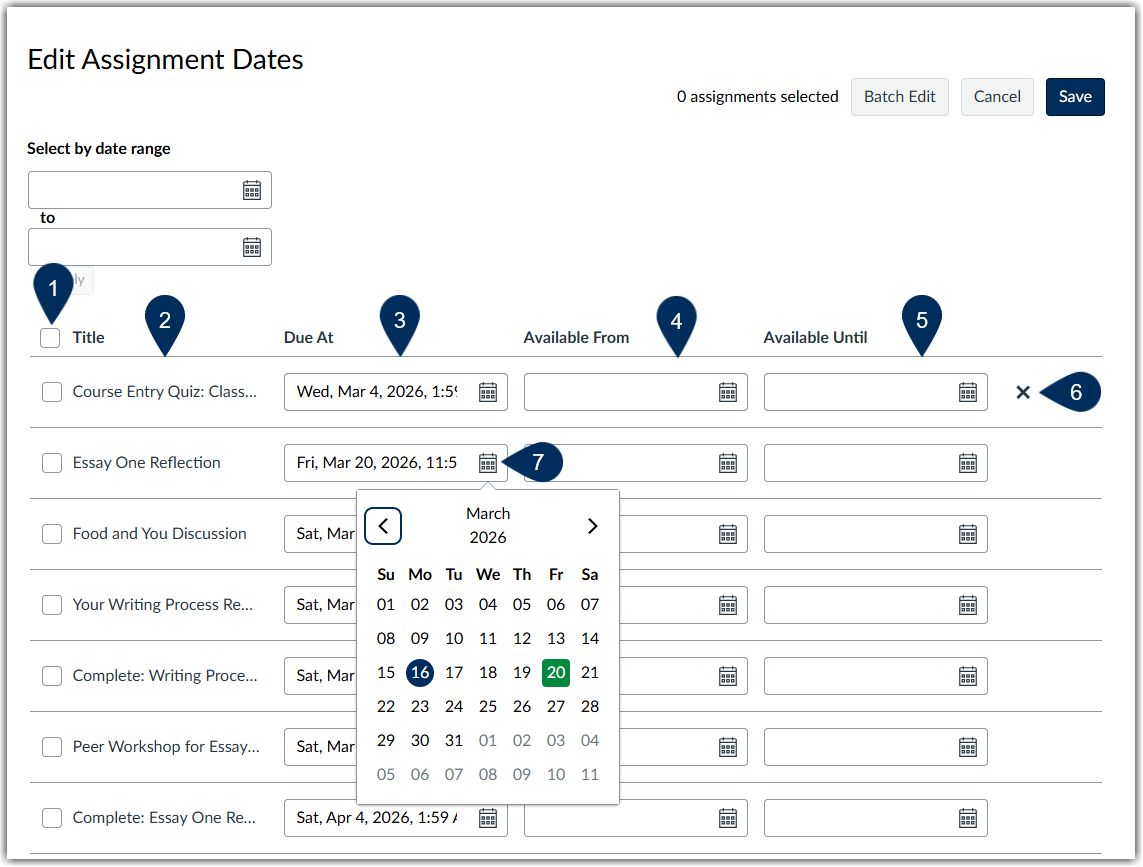 edit assignment dates page open with features marked to align with the list provided under the image