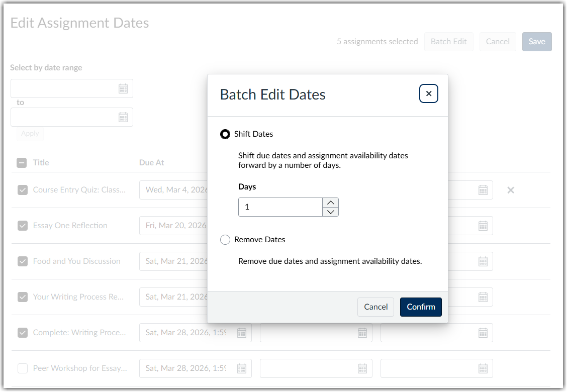 batch edit dates popup window open