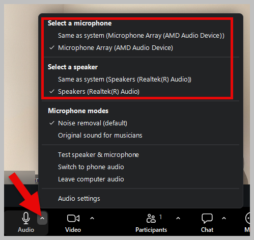 The arrow next to the Audio button opens a window that lets you change your microphone or speaker.