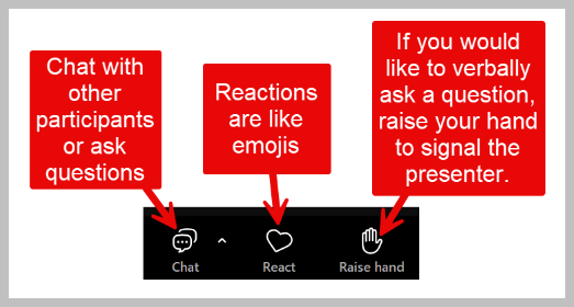 Interact using the "Chat", "React", or "Raise hand" buttons. 