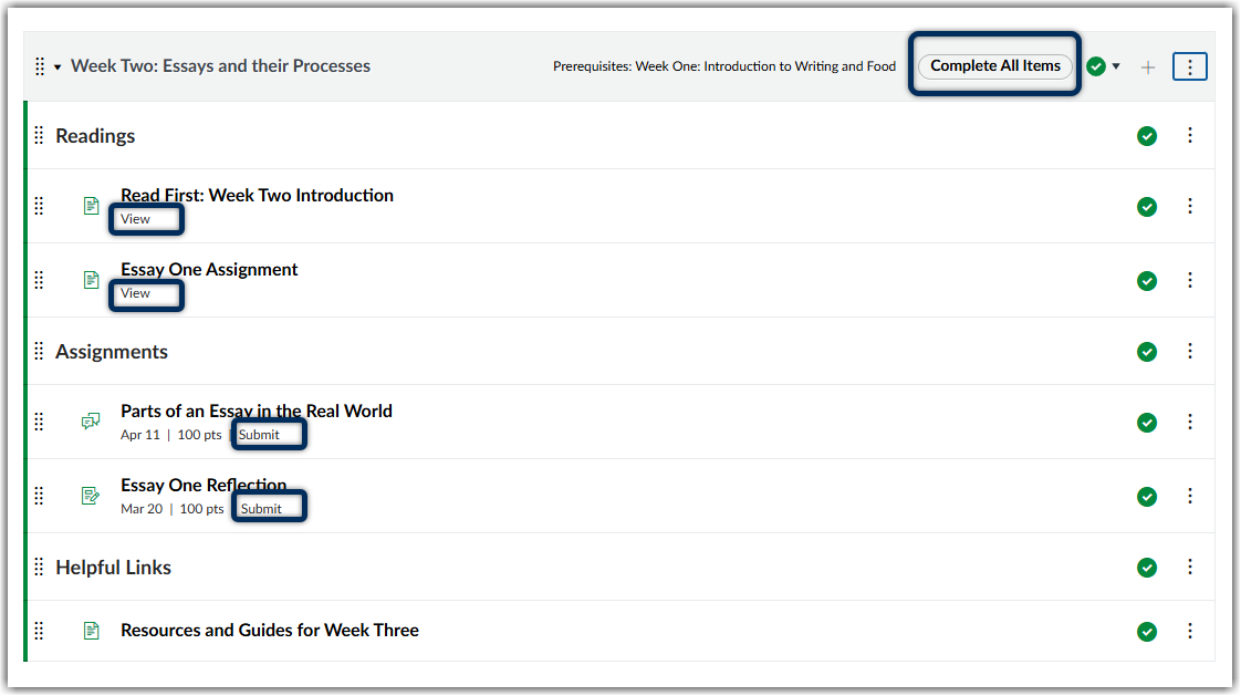 Module with requirements. Complete All Items appears in the module heading and each Canvas element has a view or submit requirement