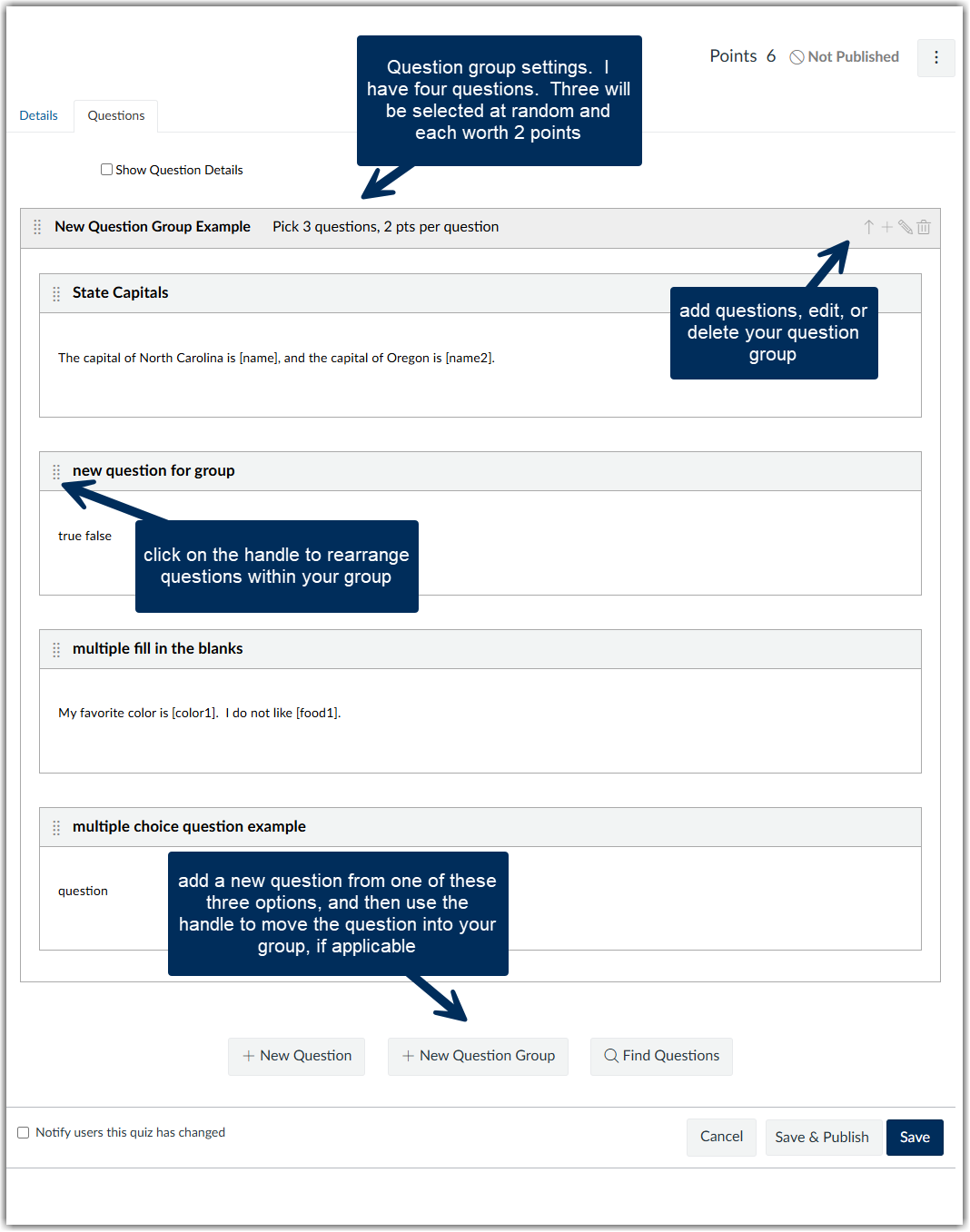 a completed question group highlighting steps six and seven from the list above