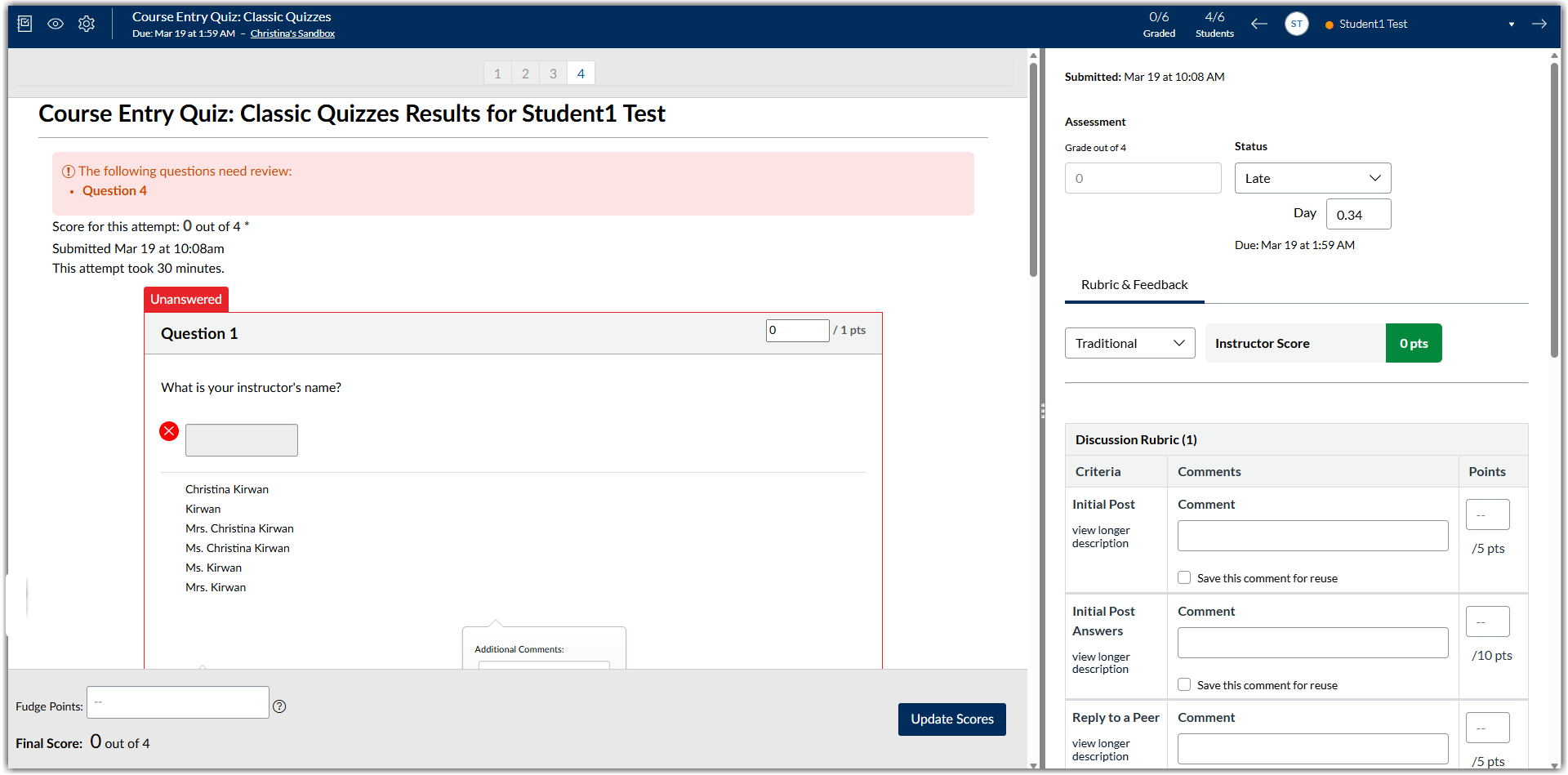 classic quiz speedgrader open with a rubric