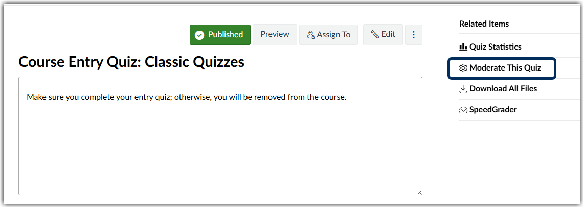 moderate this quiz menu option highlighted from the quiz page
