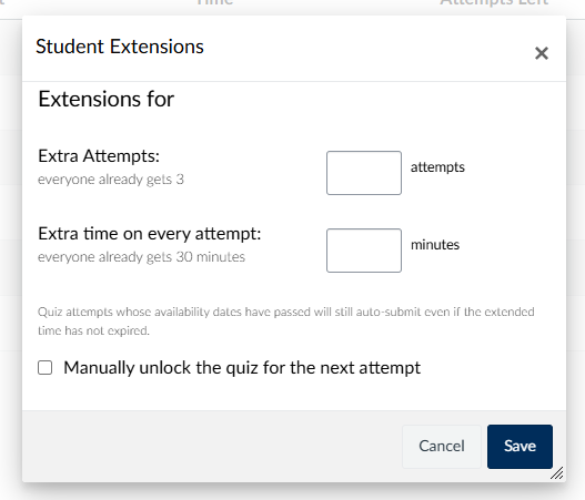 An example extension popup window for adding extra attempts or allowing extra time.