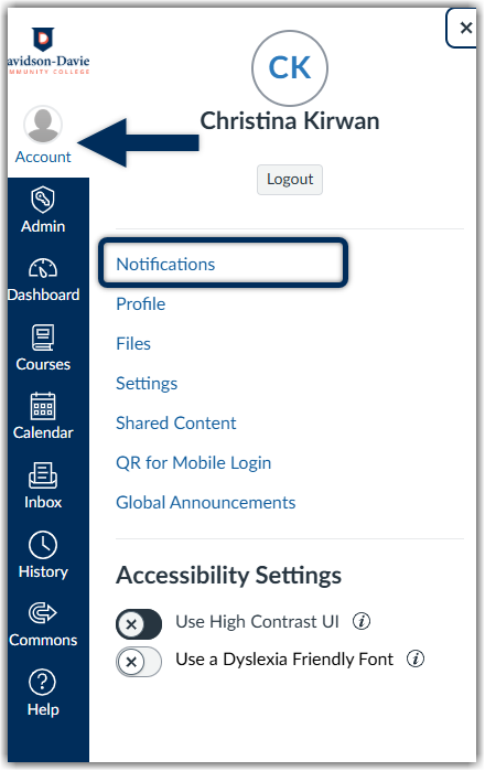 Account link from Global Navigation and notifications selected
