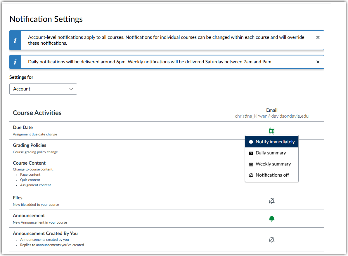 Notifications setting page with individual notification types for a course activity open