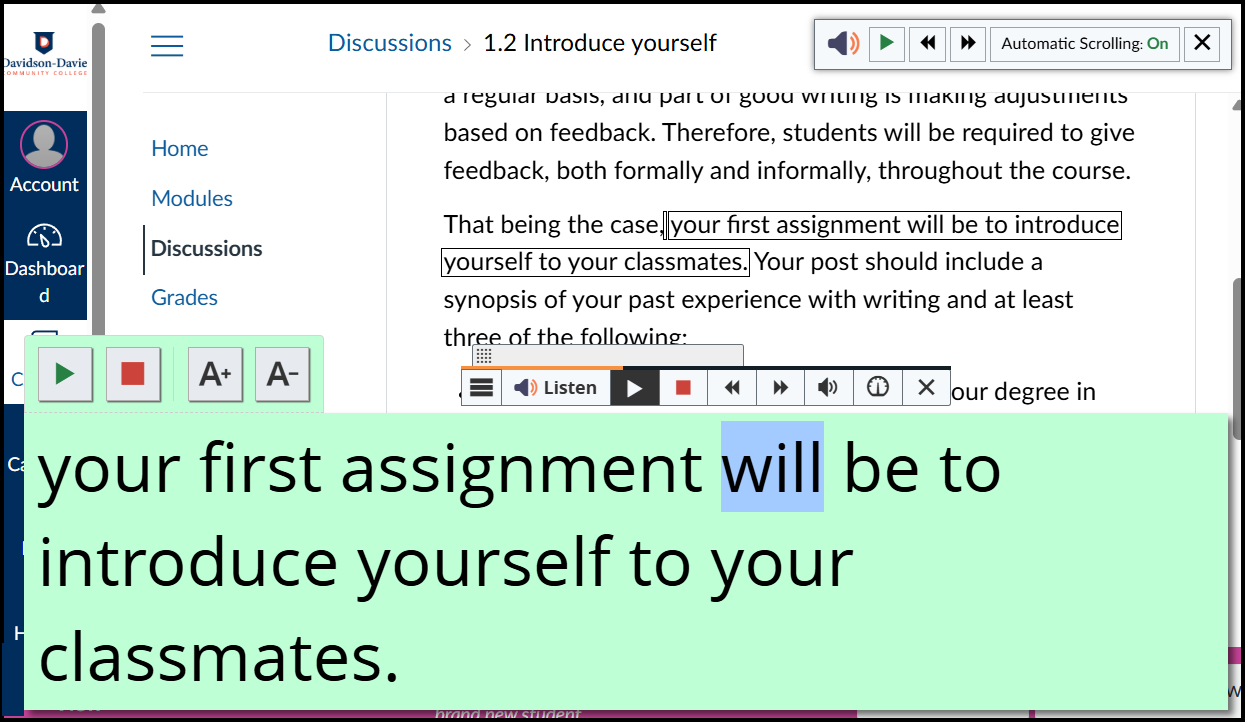 The words being read appear in large text at the bottom of the screen and each word is highlighted as it is read. 