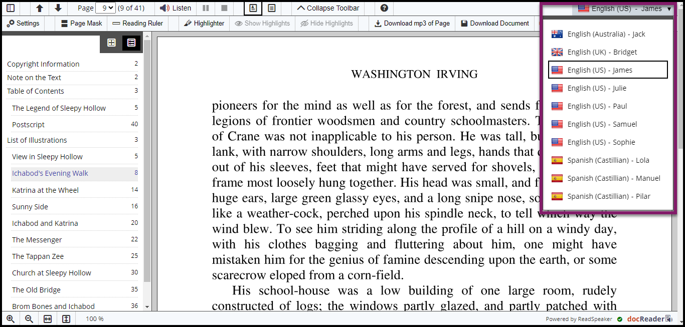 The reading voice options can be found by clicking the drop-down menu in the top right corner of the screen. 