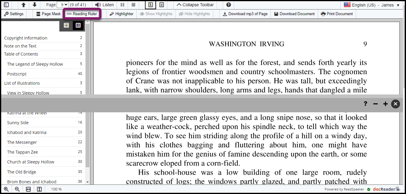 The reading ruler option is in the extended toolbar.