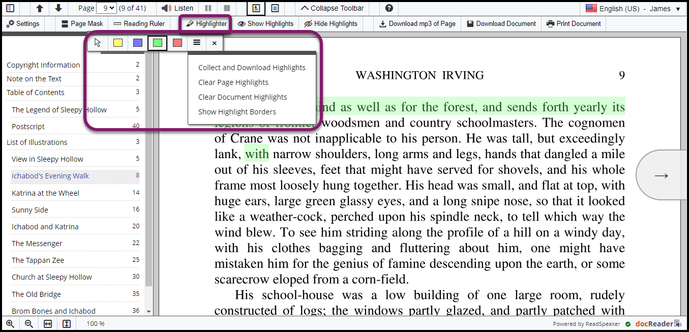 The Highlighter button is in the extended toolbar and has an icon of a highlighter beside it. 