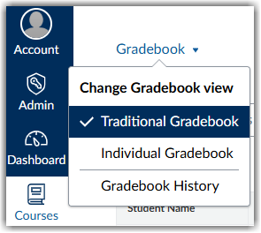 Gradebook drop-down menu open with traditional gradebook option selected