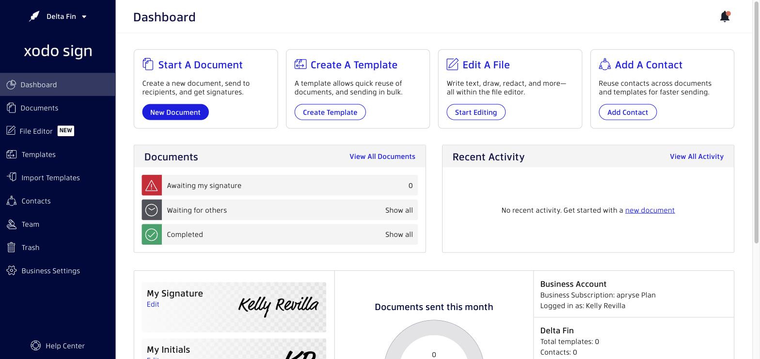 Xodo Sign Dashboard overview