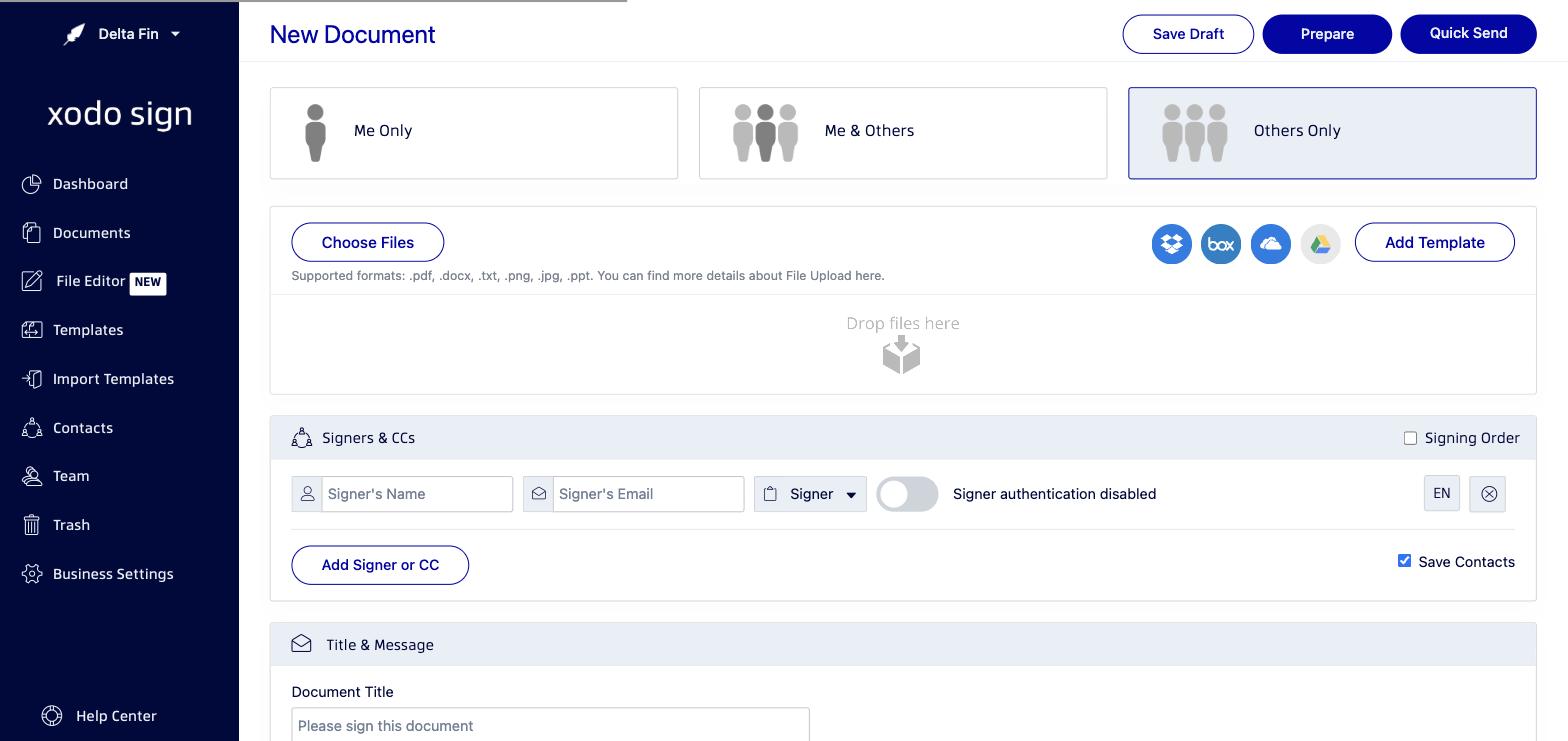 Xodo Sign document creation quick reference