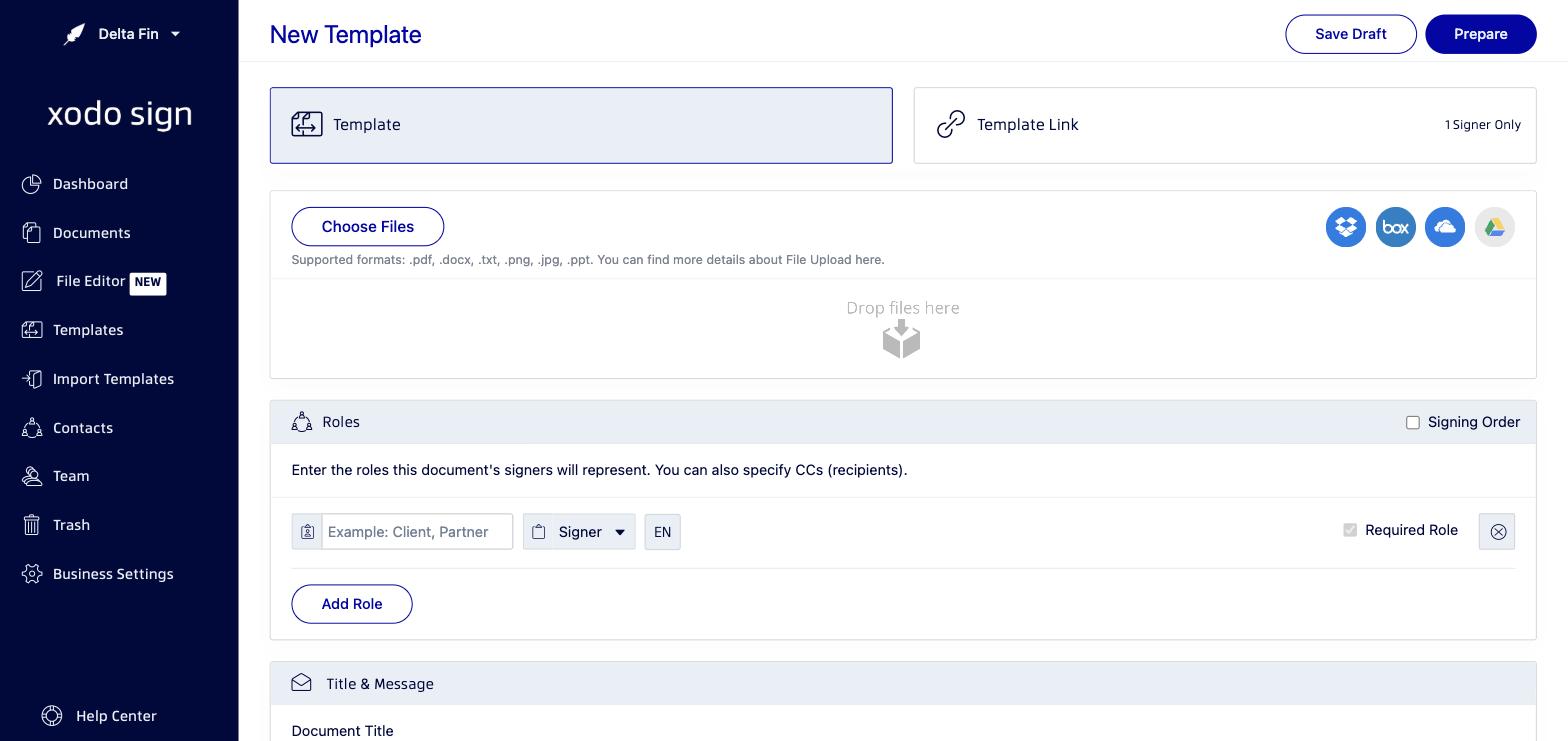 Create a new template in Xodo Sign