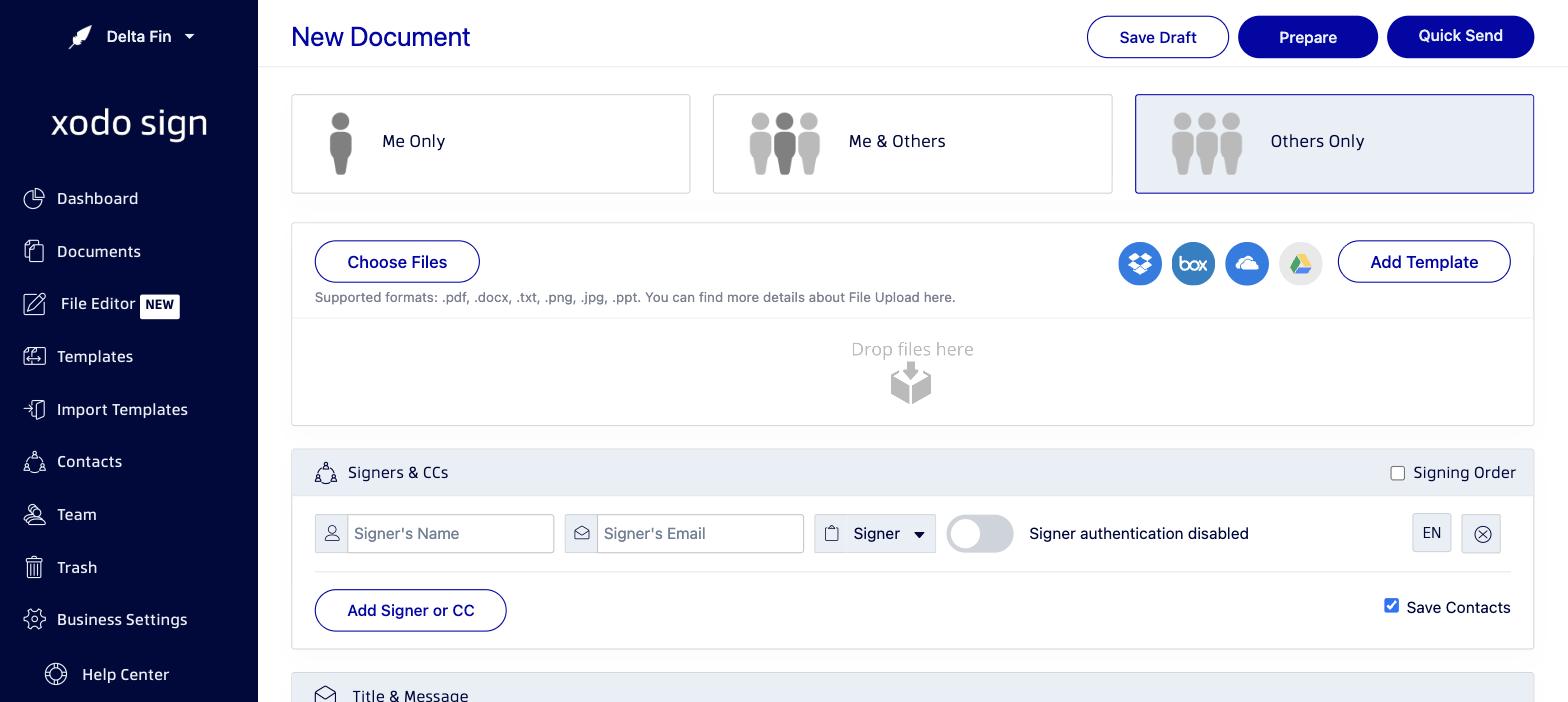 Xodo Sign New Document page showing document type and file upload options