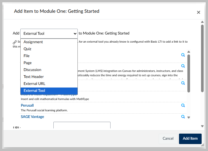 Use the drop-down menu to find "External Tool".