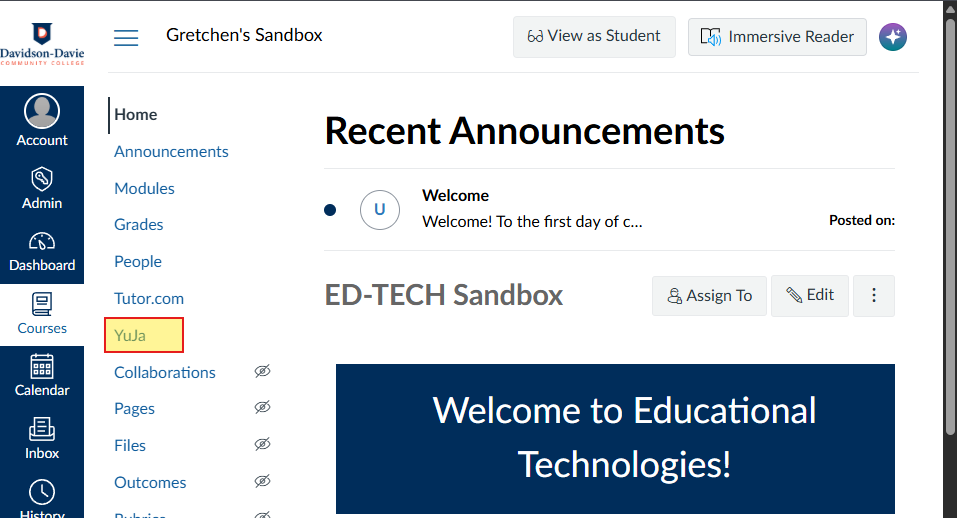 Screenshot of Canvas Course Menu Navigation Bar, highlighting external tool, Yuja link