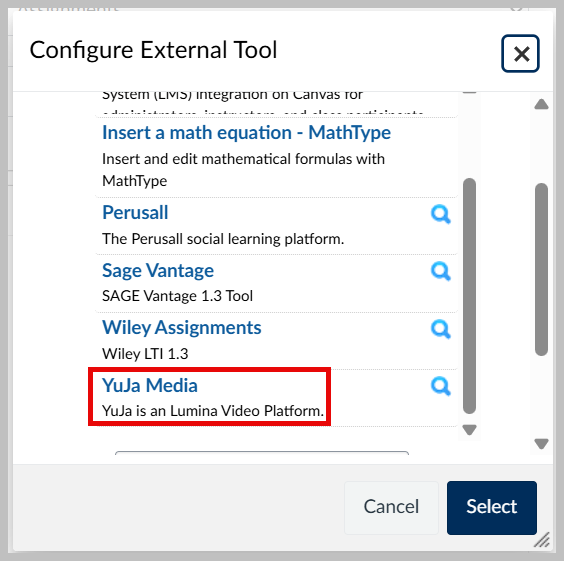 YuJa Media is at the bottom of the list of external tools.