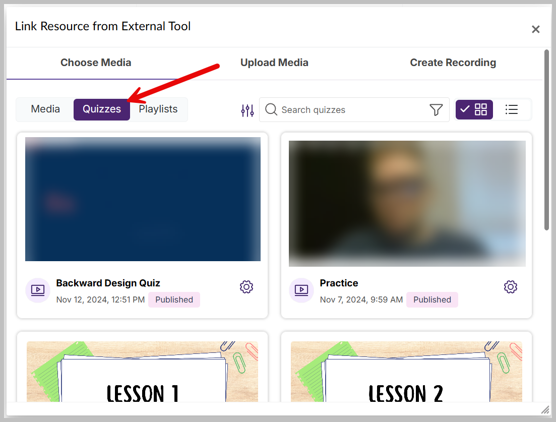 "Quizzes" is the middle of three options: Media, quizzes, and playlists.