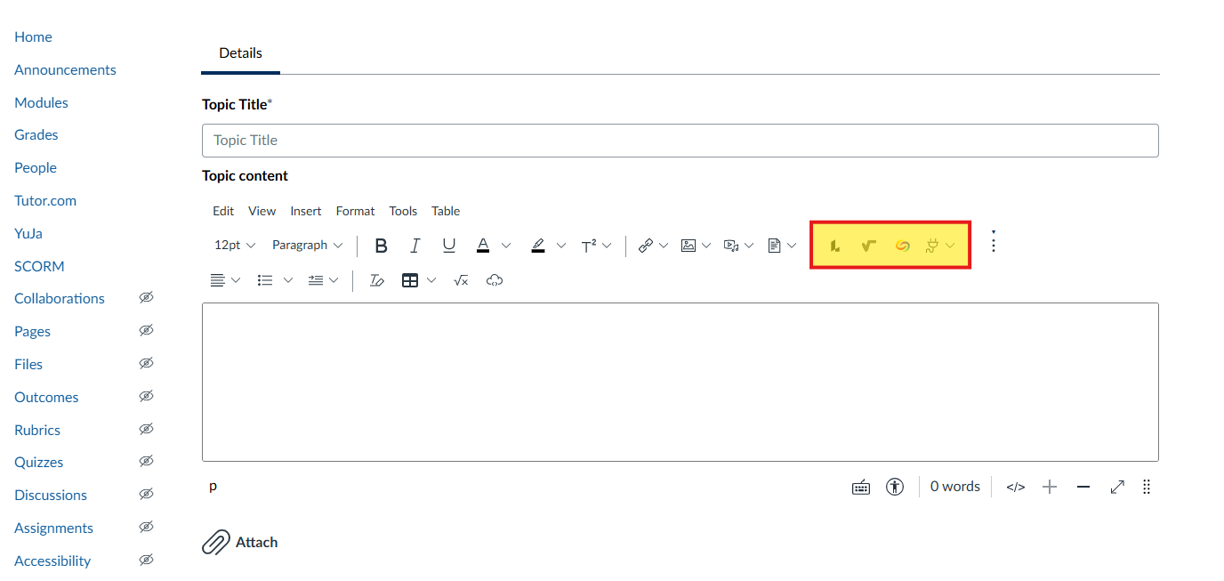 Text Editor in Canvas, showing the Apps or External Tool options highlighted