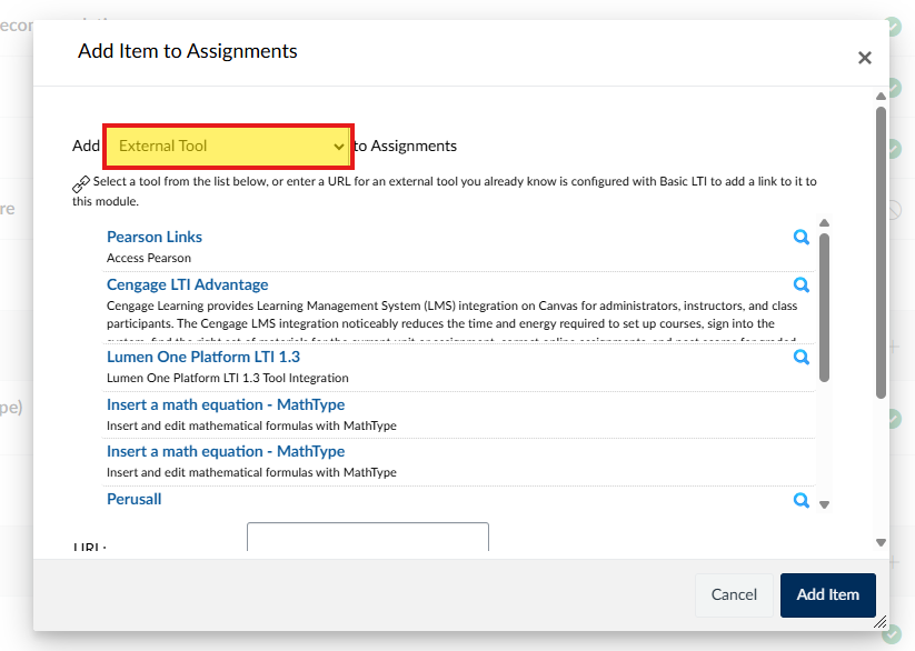Select External Tool from the dropdown menu