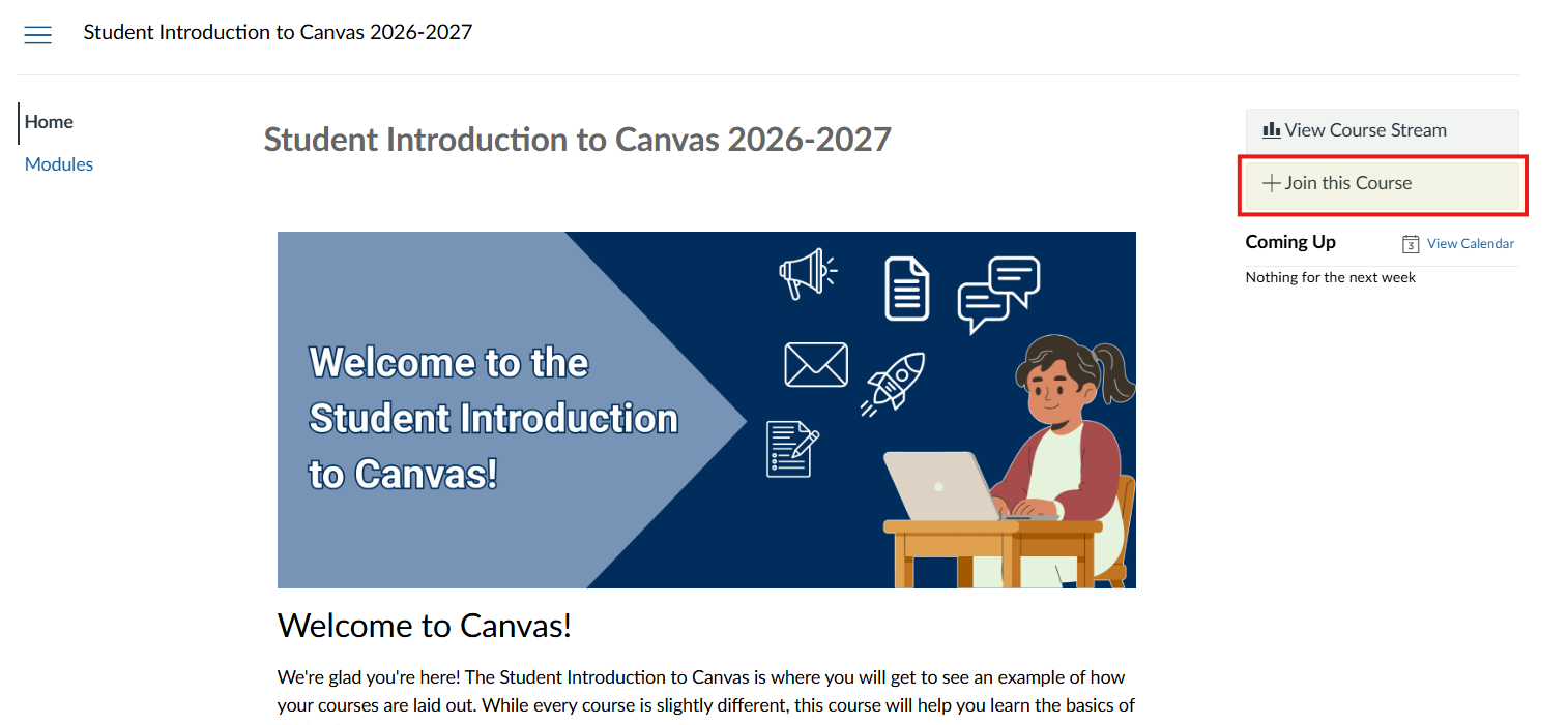 Red box around the "Join this Course" button at the top right of the screenshot of the homepage of Student Introduction to Canva 2026-2027