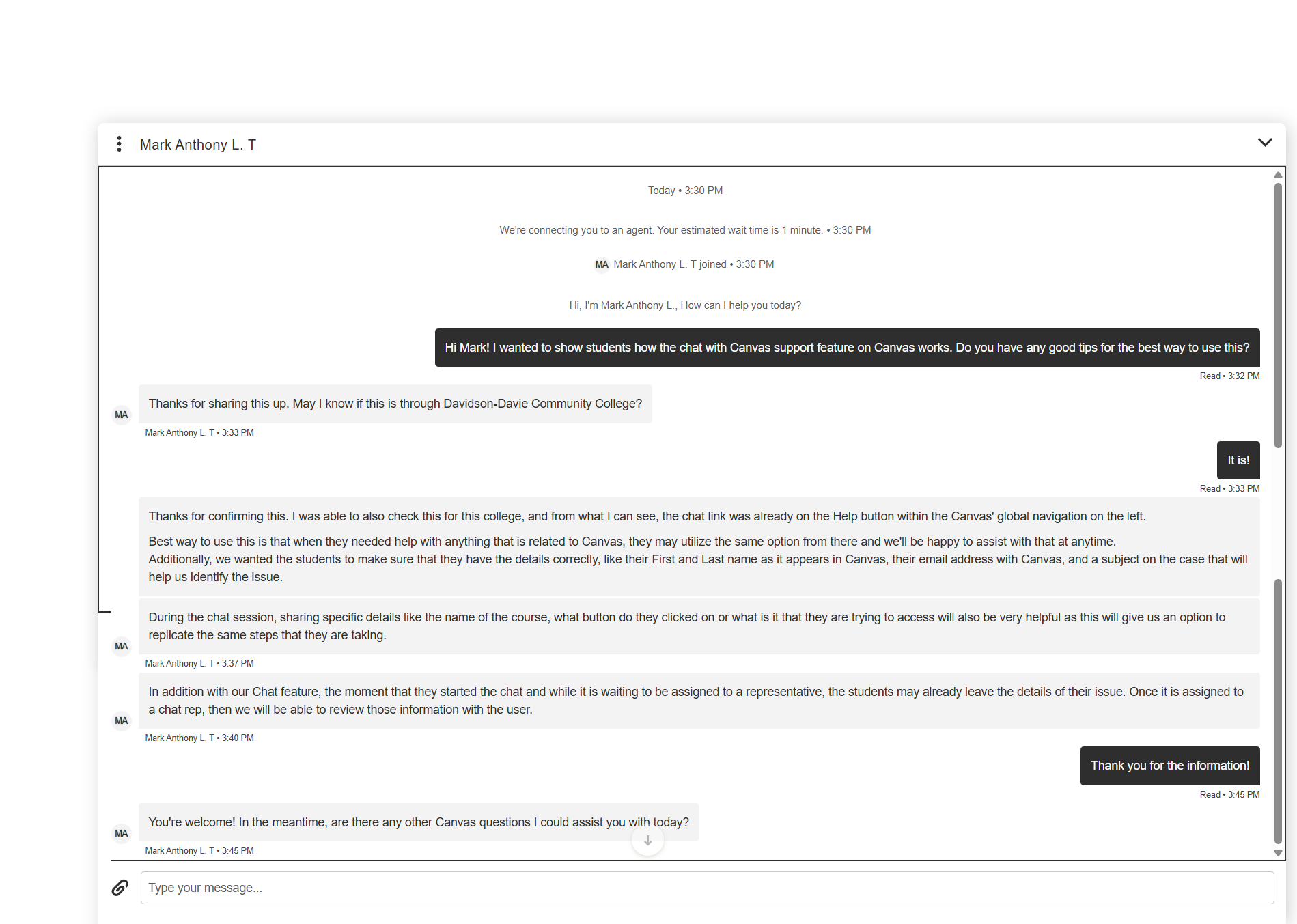 Screenshot of support chat between Mark Anthony L. T and Emily Towne.