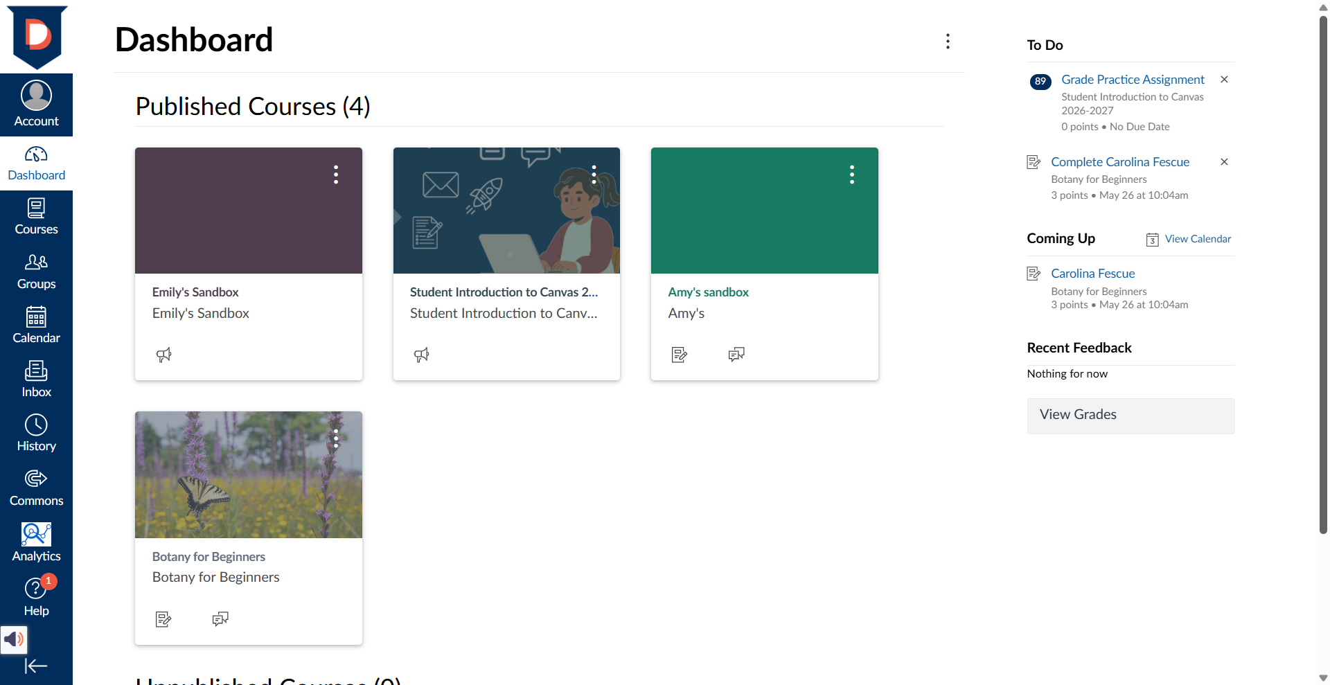 Screenshot of Canvas Dashboard page