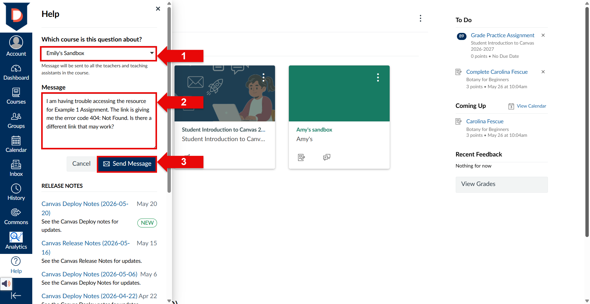 Screenshot of ask your instructor a question steps. 3 red arrows pointing to each step which are located in red boxes.