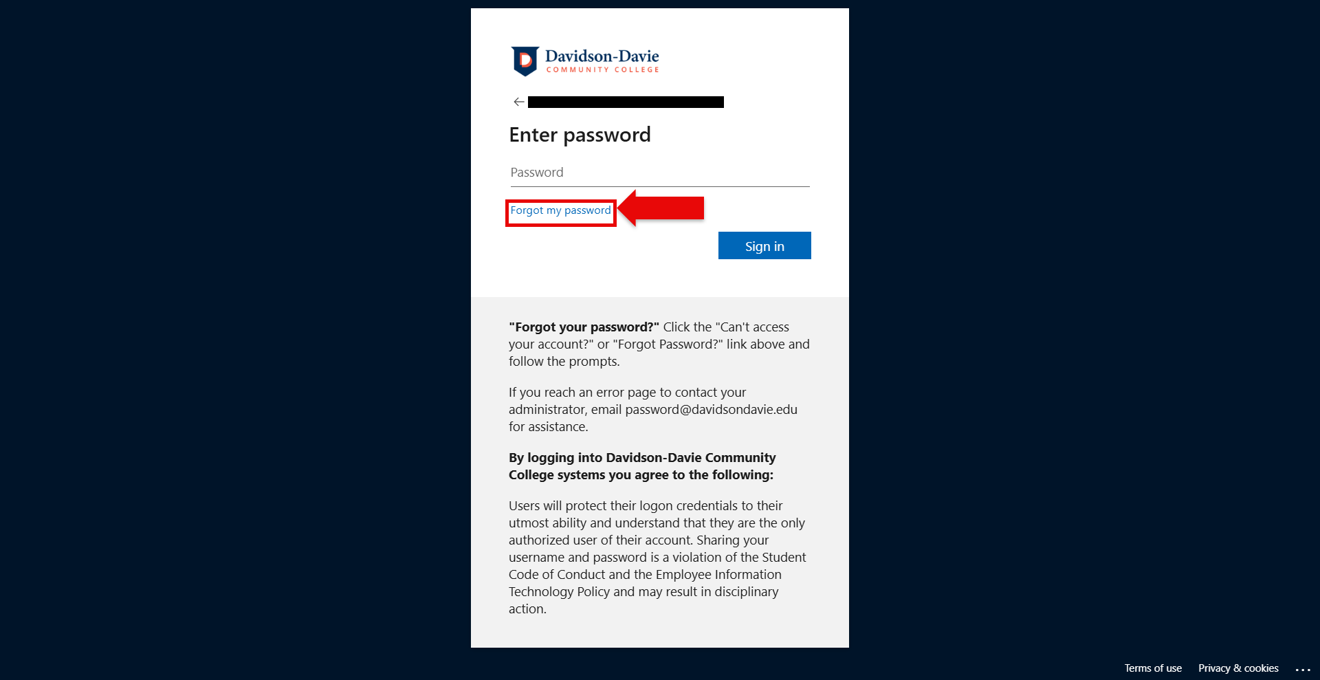Red arrow pointing to Forgot my password in a red box on the login screen