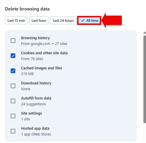 Delete browsing data screenshot with red arrow pointing to All time option at the top right with red box around it