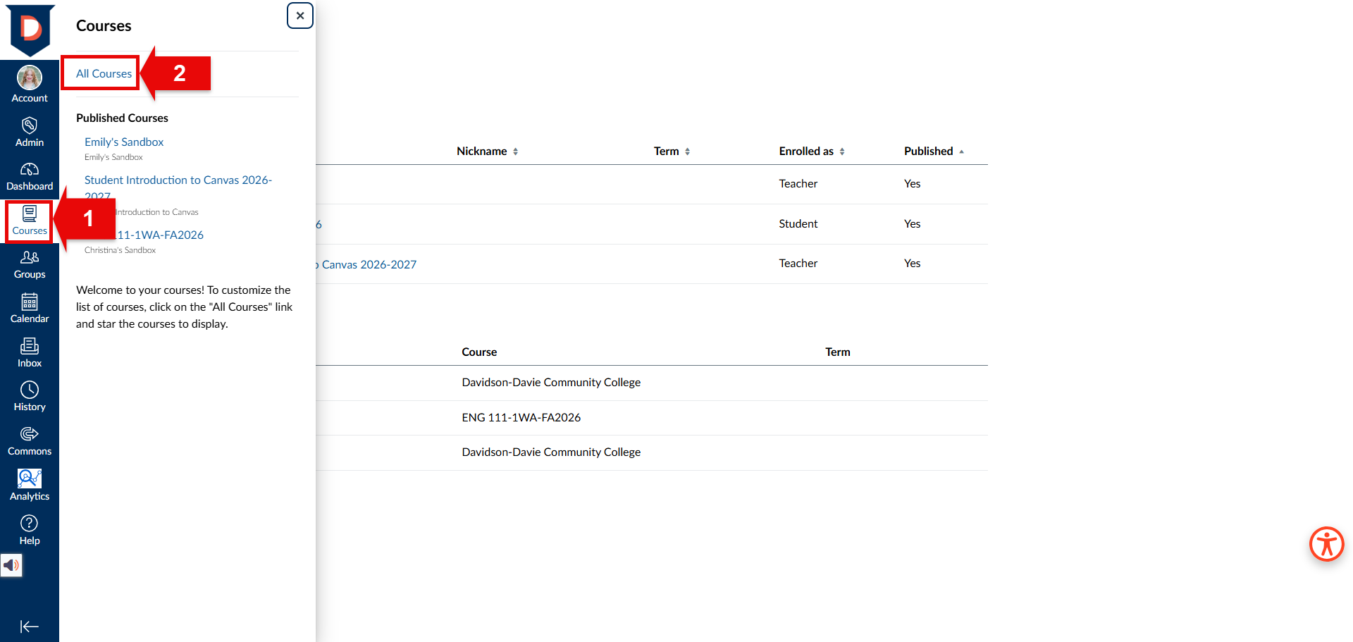 red arrow with 1 pointing to courses on navigation bar, red arrow two pointing to all courses in courses menu