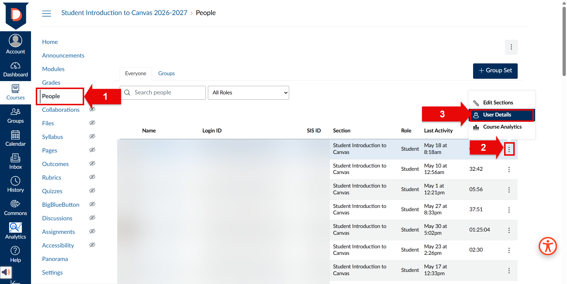 Screenshot of the People page with red arrows pointing to numbered steps: 1. people in the course navigation bar 2. 3 dots on the right side of the row of student information 3. user details