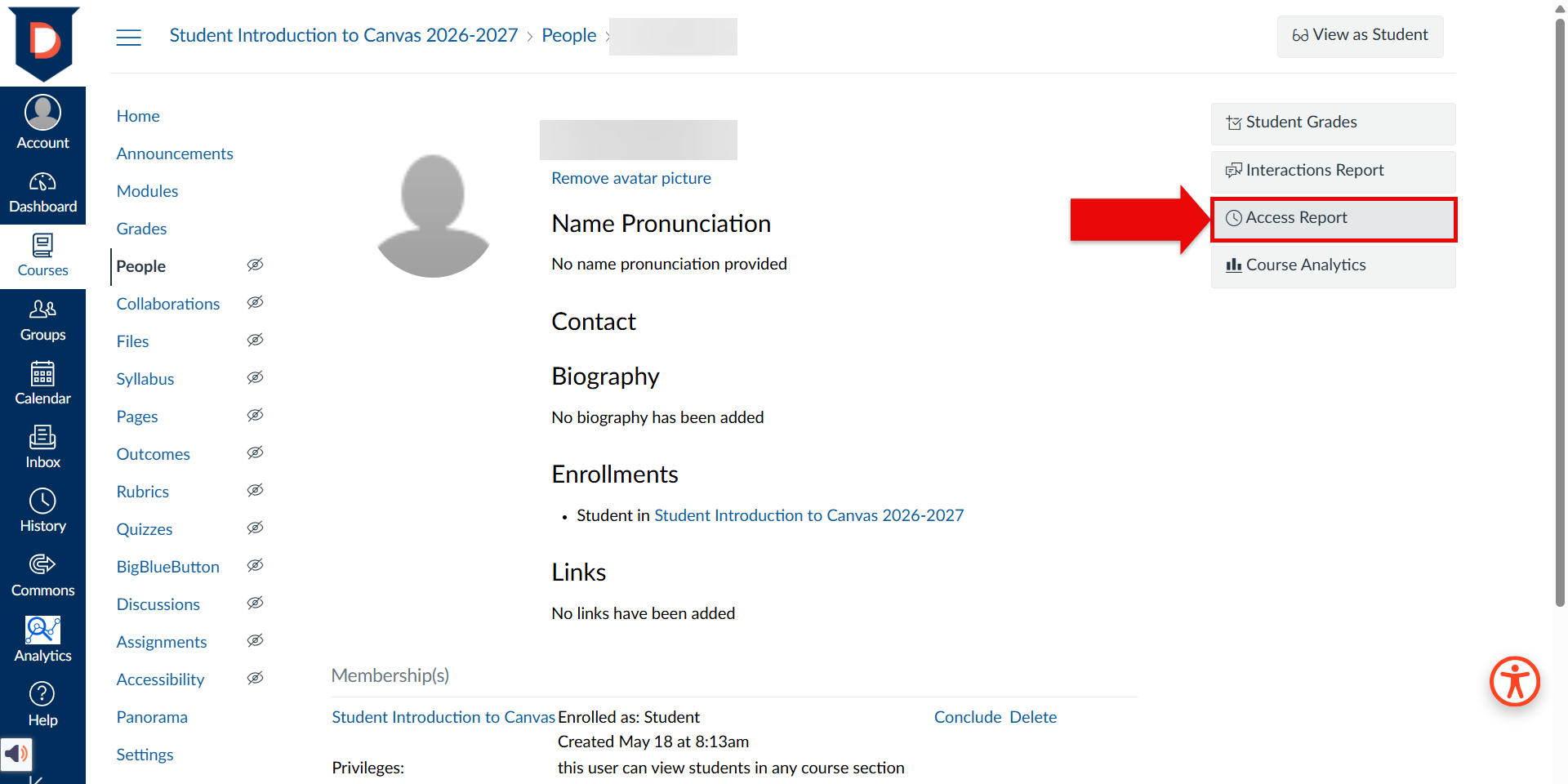 screenshot of a student's information page with red arrow pointing to Access Report towards the top right of the screen. This is the 3rd option in the grouping of buttons.