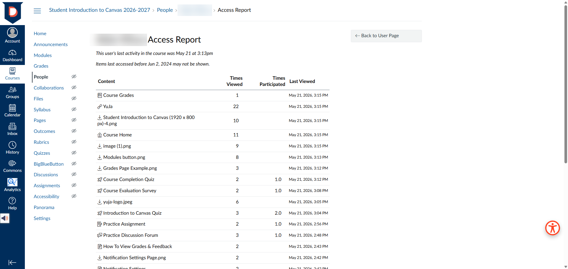 Screenshot of a student's Access Report