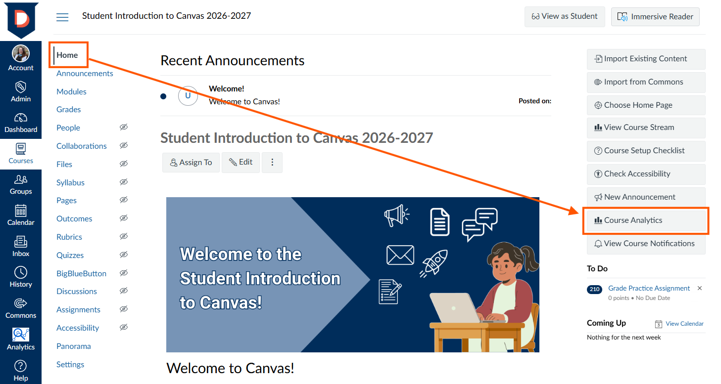 Course Home page, arrow points to Course Analytics menu item on the right side of the screen