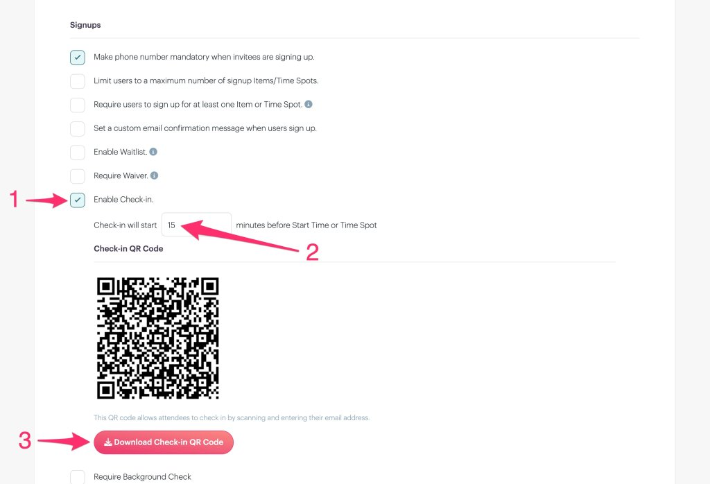 enable check-ins in event settings on PlanHero Impact Plan dashboard