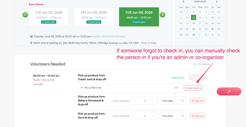 manual check-in button for admin and co-orgranizer to use on a PlanHero event/signup