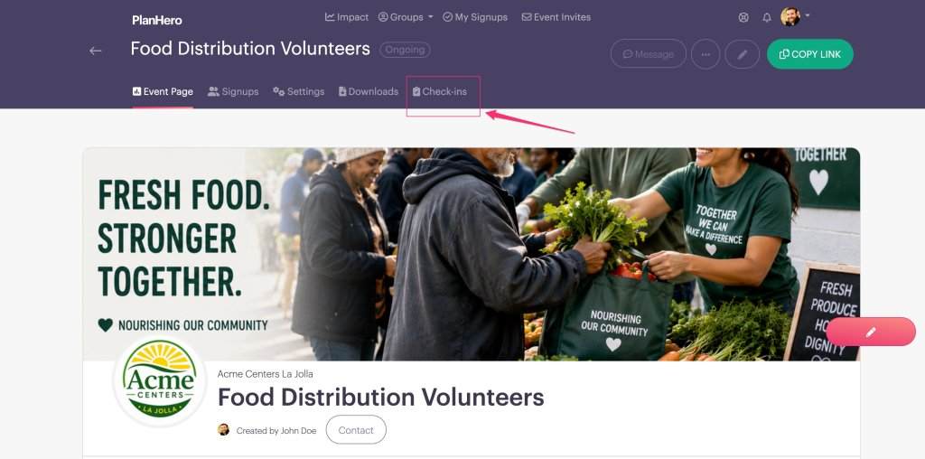 PlanHero Event Dashboard with arrow to the Check-ins tab