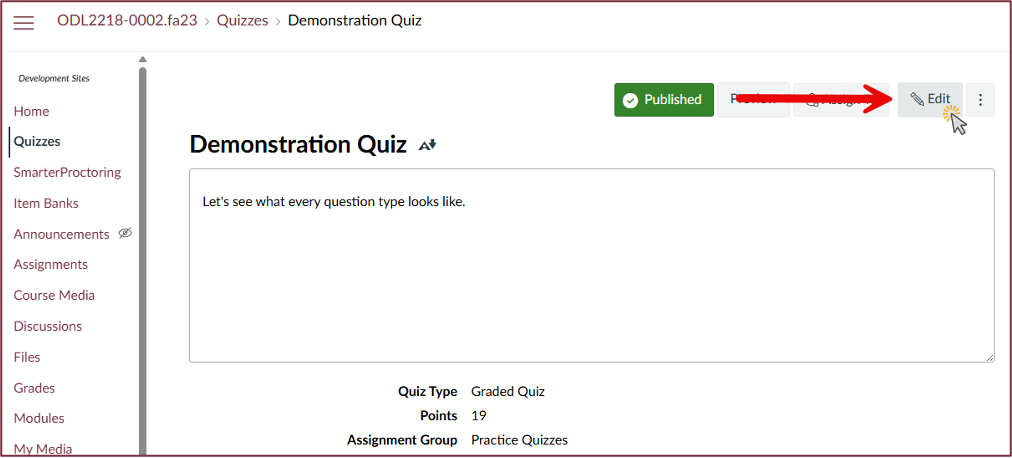 Selecting the Edit button on a quiz to access the Quiz settings in Canvas