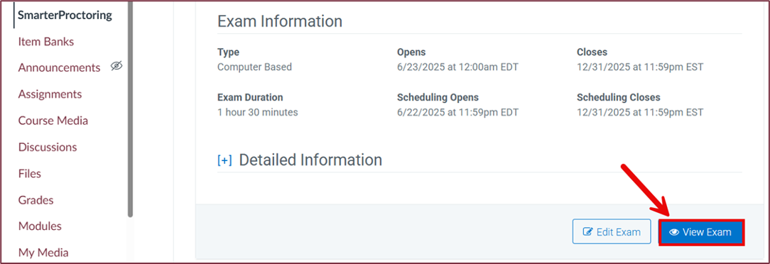 View Exam button at the bottom-right of the SmarterProctoring dashboard