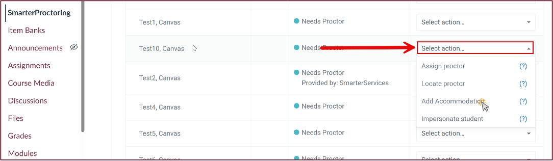 Adding an accommodation for a specific student from the Select action dropdown on the student roster