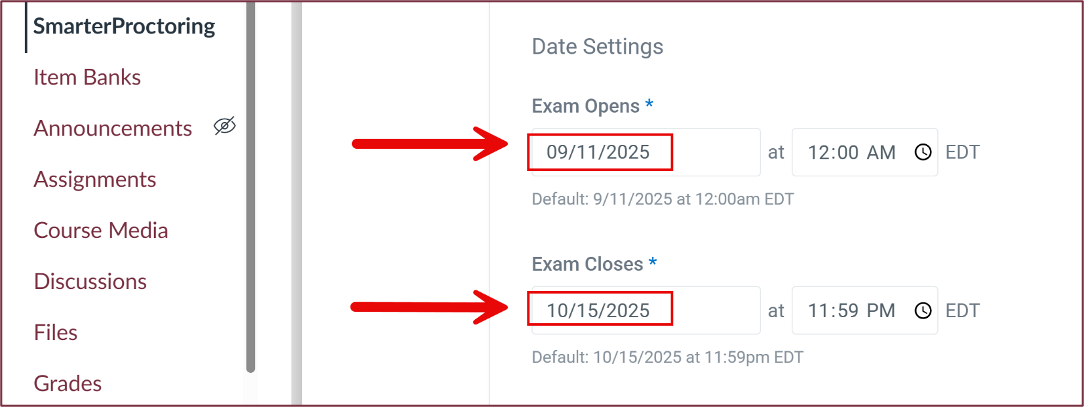 Edit the scheduling window of the exam
