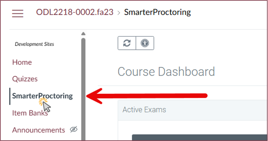 Locating SmarterProctoring in the Canvas course menu